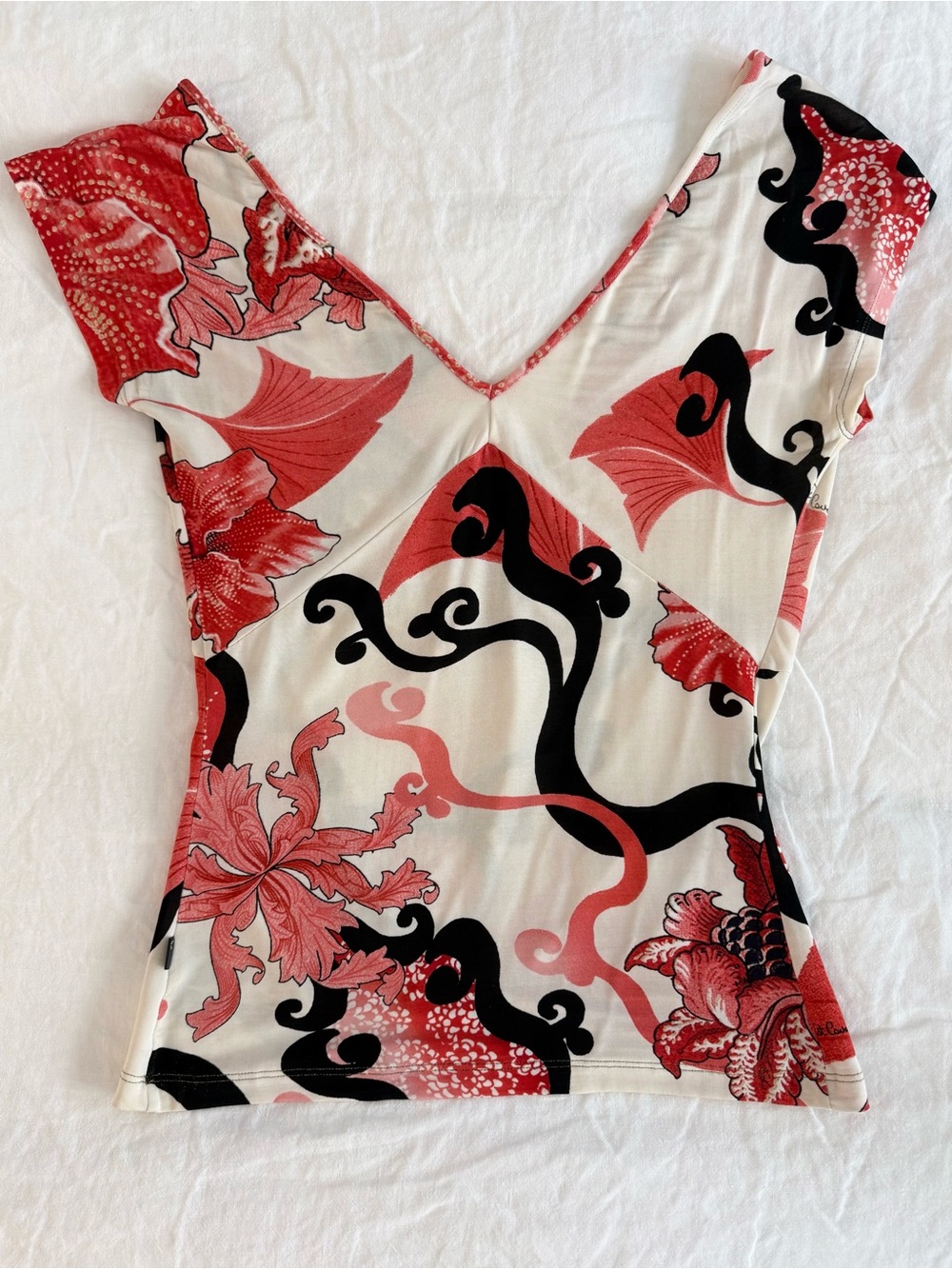 Just Cavalli Y2K Floral Ring Detail Stretch Top Red Ivory Black Size S - Picture 2 of 5